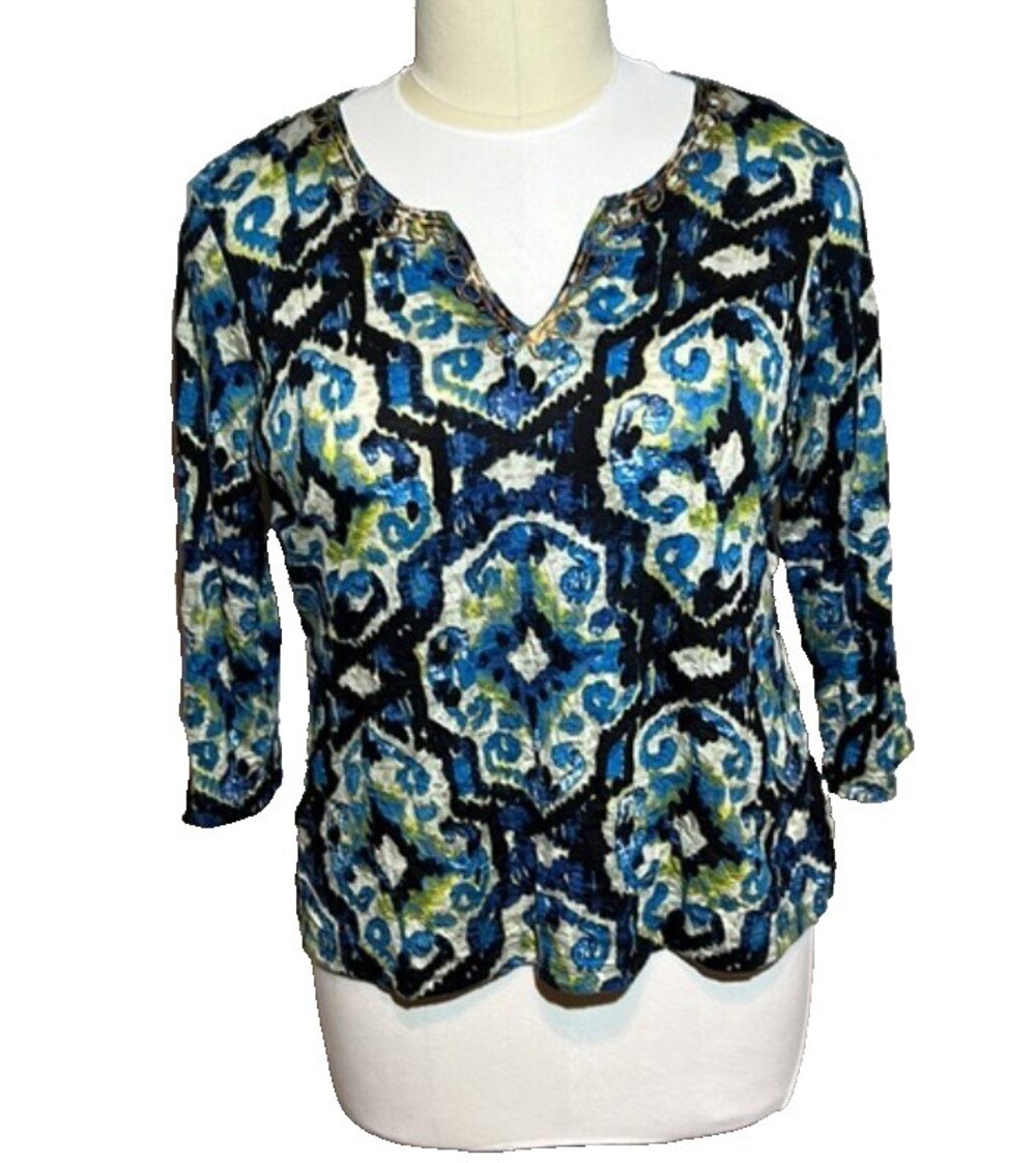 IZOD Pullover Tunic Blouse Women's 1X Blue Ikat 3/4 Sleeve V-Neck